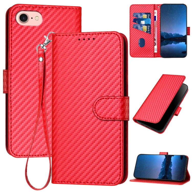 YX0070 Carbon Fiber Buckle Leather Phone Case with Lanyard, For iPhone 14 Pro, For iPhone 14 Pro Max, For iPhone SE 2022 / SE 2020 / 8 / 7