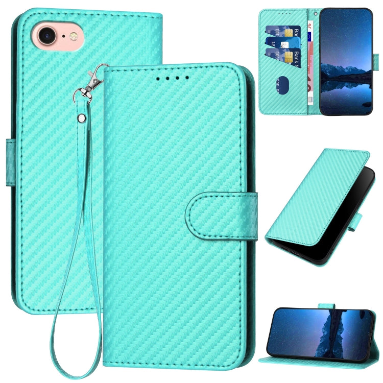 YX0070 Carbon Fiber Buckle Leather Phone Case with Lanyard, For iPhone 14 Pro, For iPhone 14 Pro Max, For iPhone SE 2022 / SE 2020 / 8 / 7