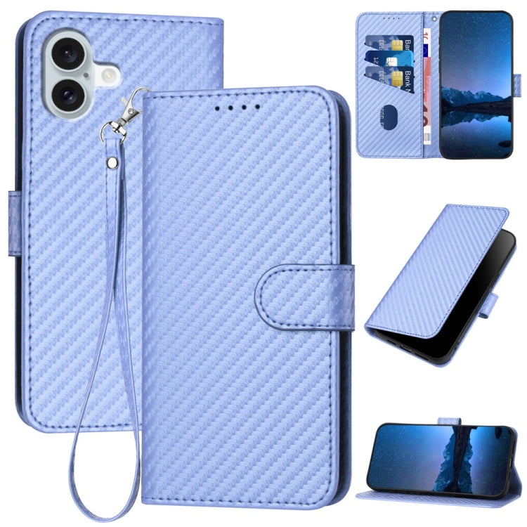 YX0070 Carbon Fiber Buckle Leather Phone Case with Lanyard, For iPhone 16 Pro, For iPhone 16 Plus, For iPhone 16