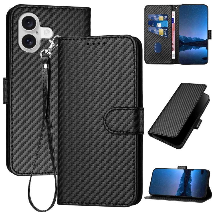 YX0070 Carbon Fiber Buckle Leather Phone Case with Lanyard, For iPhone 17, For iPhone Air, For iPhone 16 Pro Max