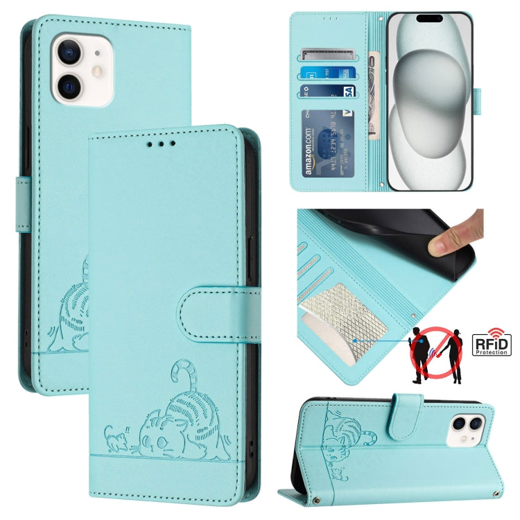 Cat Rat Embossed Pattern RFID Leather Phone Case with Lanyard, For iPhone 13 mini, For iPhone 12/12 Pro, For iPhone 12 Pro Max, For iPhone 12 mini