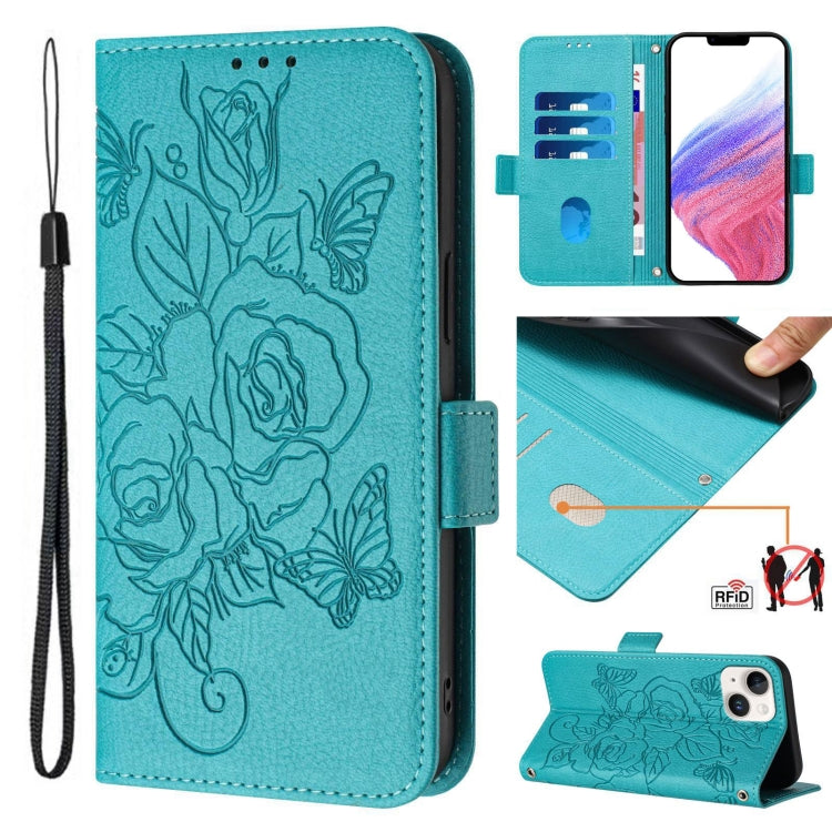 Embossed Rose RFID Anti-theft Leather Phone Case, For iPhone 16, For iPhone 15 Pro Max, For iPhone 15 Pro, For iPhone 15 Plus