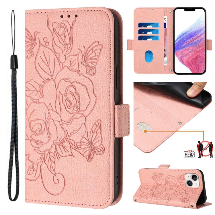 Embossed Rose RFID Anti-theft Leather Phone Case, For iPhone 16, For iPhone 15 Pro Max, For iPhone 15 Pro, For iPhone 15 Plus