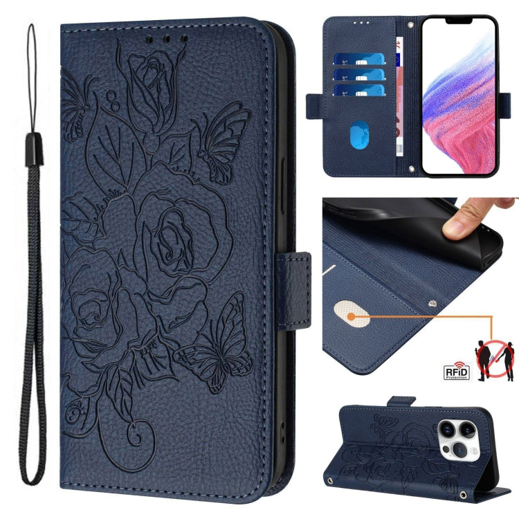Embossed Rose RFID Anti-theft Leather Phone Case, For iPhone 16, For iPhone 15 Pro Max, For iPhone 15 Pro, For iPhone 15 Plus