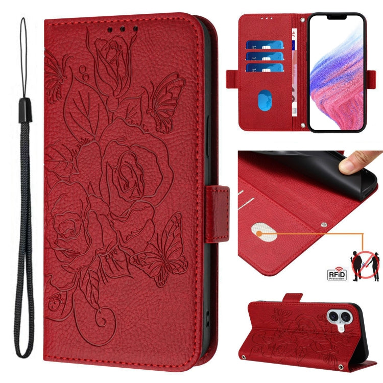 Embossed Rose RFID Anti-theft Leather Phone Case, For iPhone 16, For iPhone 15 Pro Max, For iPhone 15 Pro, For iPhone 15 Plus