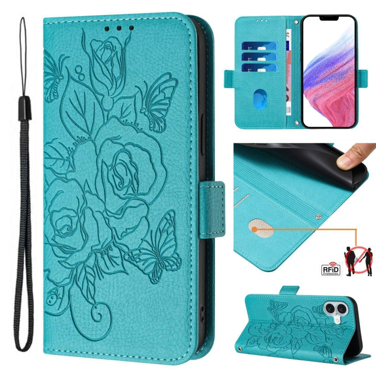 Embossed Rose RFID Anti-theft Leather Phone Case, For iPhone 16, For iPhone 15 Pro Max, For iPhone 15 Pro, For iPhone 15 Plus