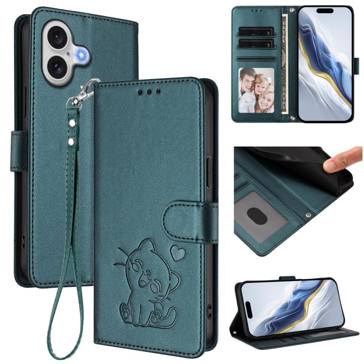 Embossed Heart Cat Leather Phone Case with Hand Strap, For iPhone 17 Pro, For iPhone 17