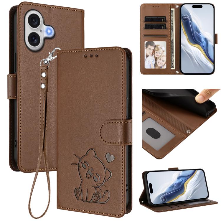 Embossed Heart Cat Leather Phone Case with Hand Strap, For iPhone 17 Pro, For iPhone 17
