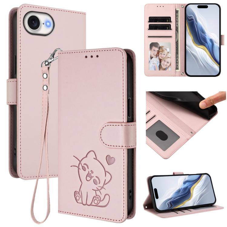 Embossed Heart Cat Leather Phone Case with Hand Strap, For iPhone 17e / 16e, For iPhone 17 Pro Max