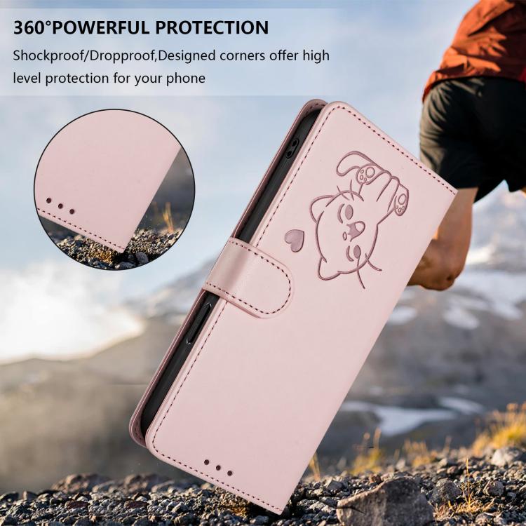 Embossed Heart Cat Leather Phone Case with Hand Strap, For iPhone 17e / 16e, For iPhone 17 Pro Max