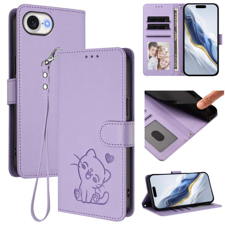 Embossed Heart Cat Leather Phone Case with Hand Strap, For iPhone 17e / 16e, For iPhone 17 Pro Max