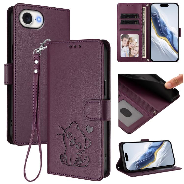 Embossed Heart Cat Leather Phone Case with Hand Strap, For iPhone 17e / 16e, For iPhone 17 Pro Max