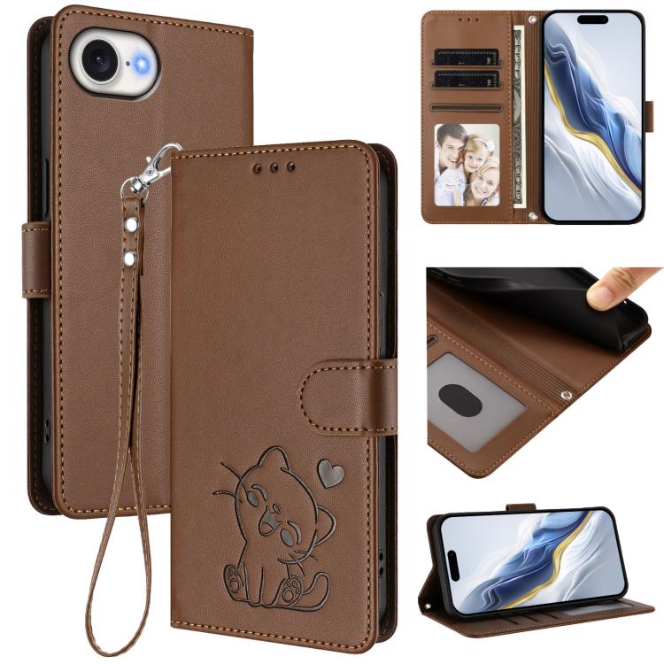 Embossed Heart Cat Leather Phone Case with Hand Strap, For iPhone 17e / 16e, For iPhone 17 Pro Max