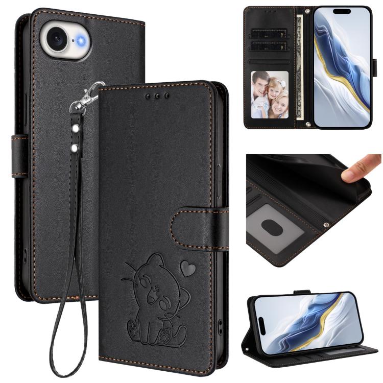 Embossed Heart Cat Leather Phone Case with Hand Strap, For iPhone 17e / 16e, For iPhone 17 Pro Max