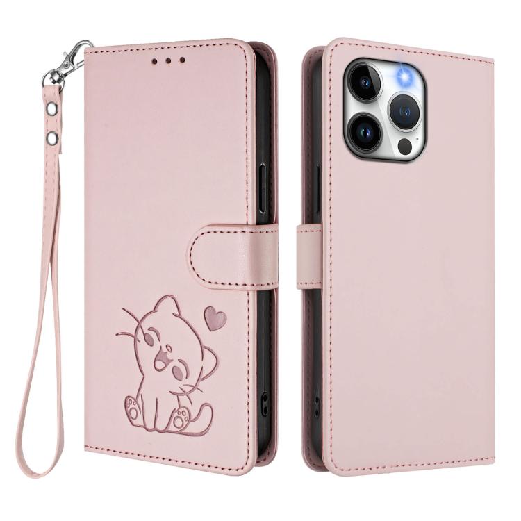Embossed Heart Cat Leather Phone Case with Hand Strap, For iPhone 14 Pro Max, For iPhone 7 / 8 / SE 2022