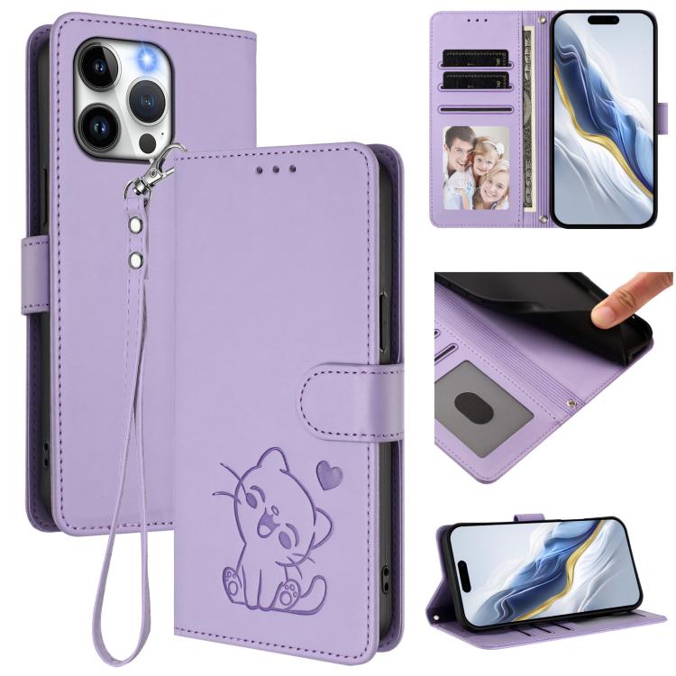 Embossed Heart Cat Leather Phone Case with Hand Strap, For iPhone 14 Pro Max, For iPhone 7 / 8 / SE 2022