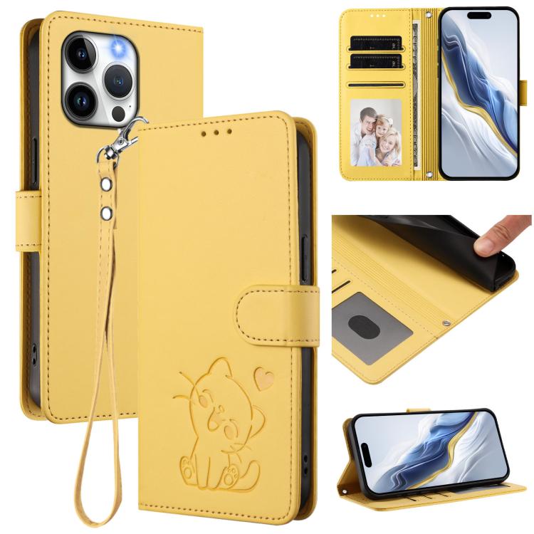 Embossed Heart Cat Leather Phone Case with Hand Strap, For iPhone 14 Pro Max, For iPhone 7 / 8 / SE 2022