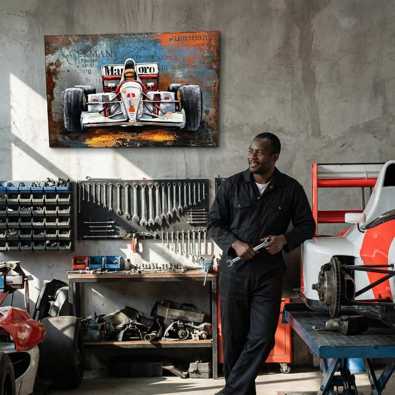 Handmade 3D Metal Racing Car Wall Art Vintage Industrial Style Oil Painting for Home & Office Decor