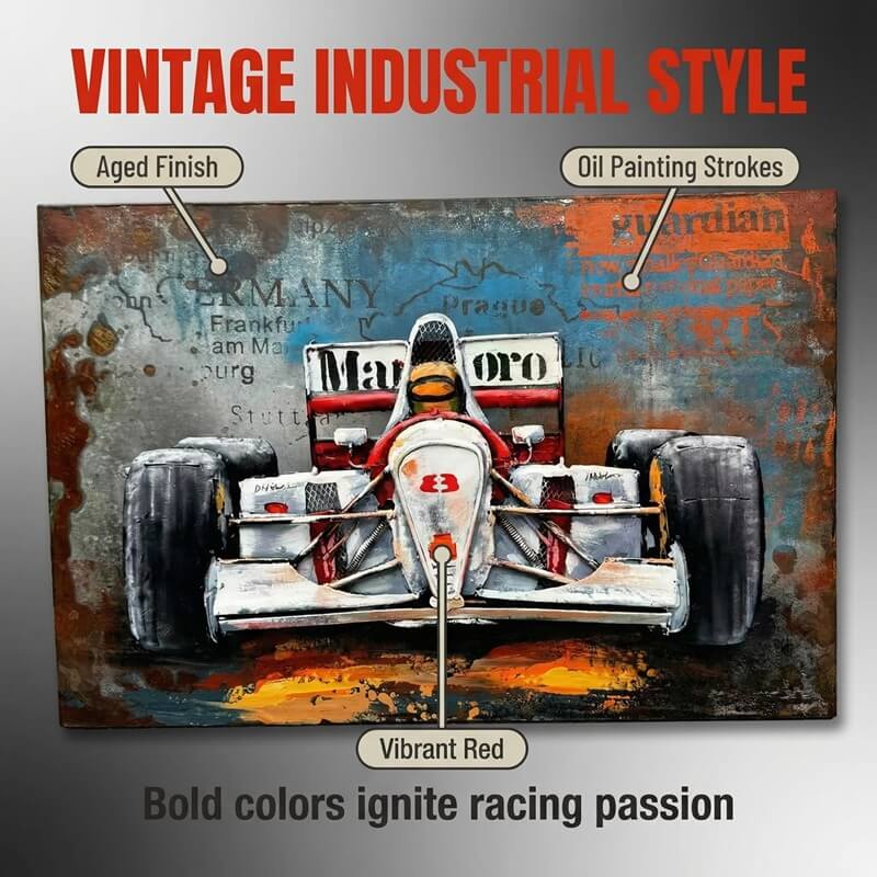 Handmade 3D Metal Racing Car Wall Art Vintage Industrial Style Oil Painting for Home & Office Decor