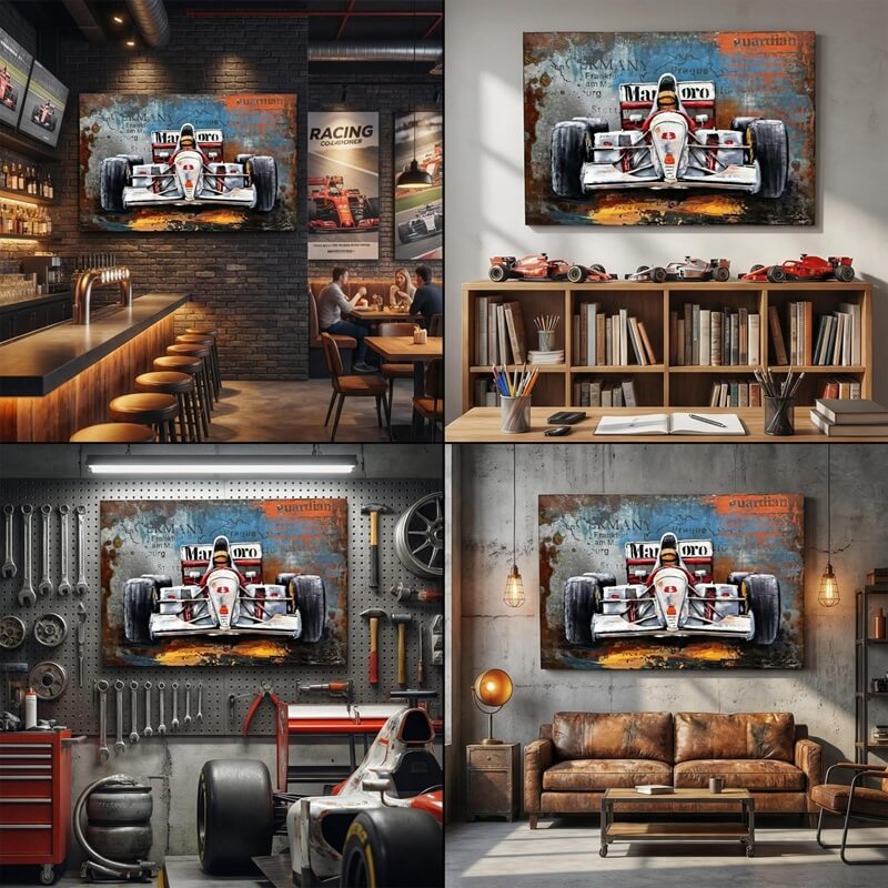 Handmade 3D Metal Racing Car Wall Art Vintage Industrial Style Oil Painting for Home & Office Decor