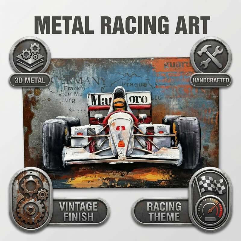 Handmade 3D Metal Racing Car Wall Art Vintage Industrial Style Oil Painting for Home & Office Decor