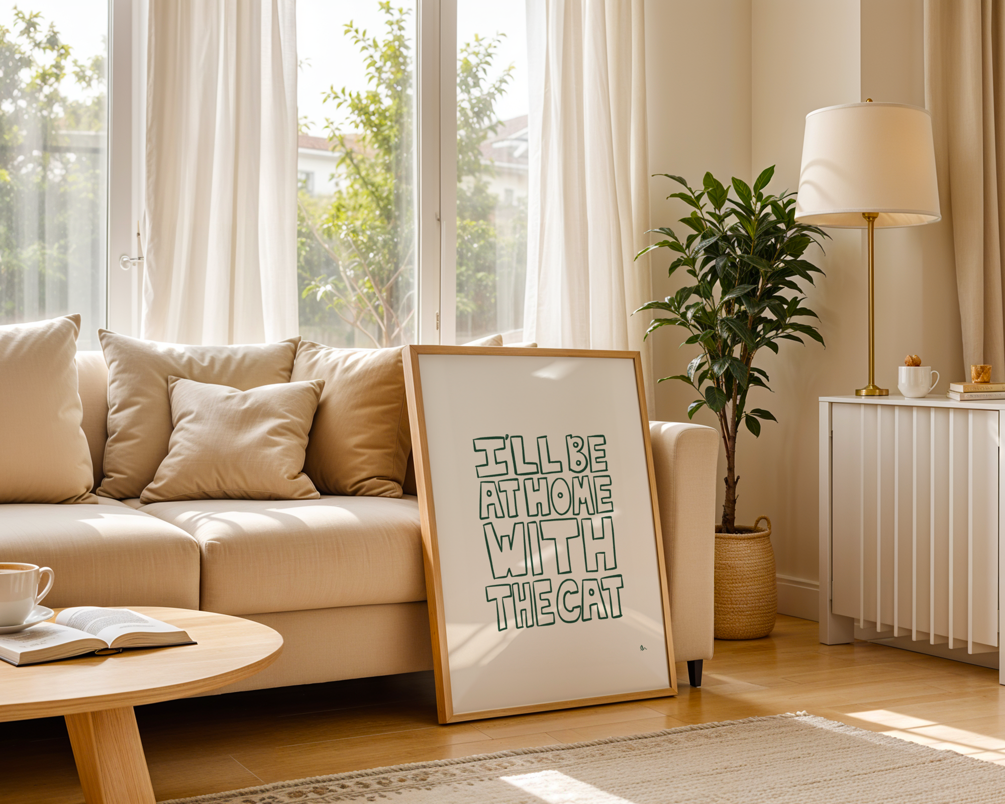 I'll Be At Home With The Cat | Green Pet Minimalist Typography Print Poster