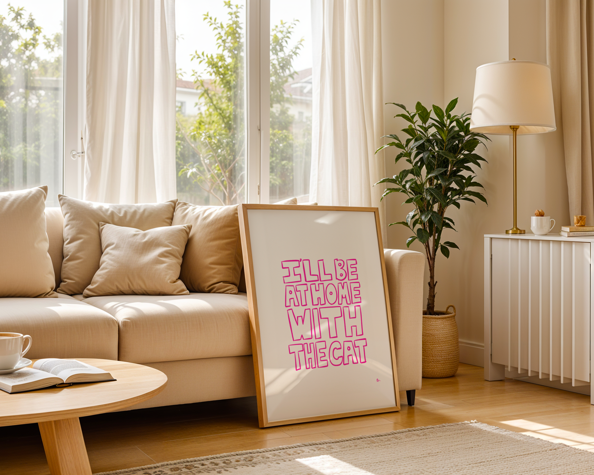 I'll Be At Home With The Cat | Pink Cute Minimalist Pet Print Poster