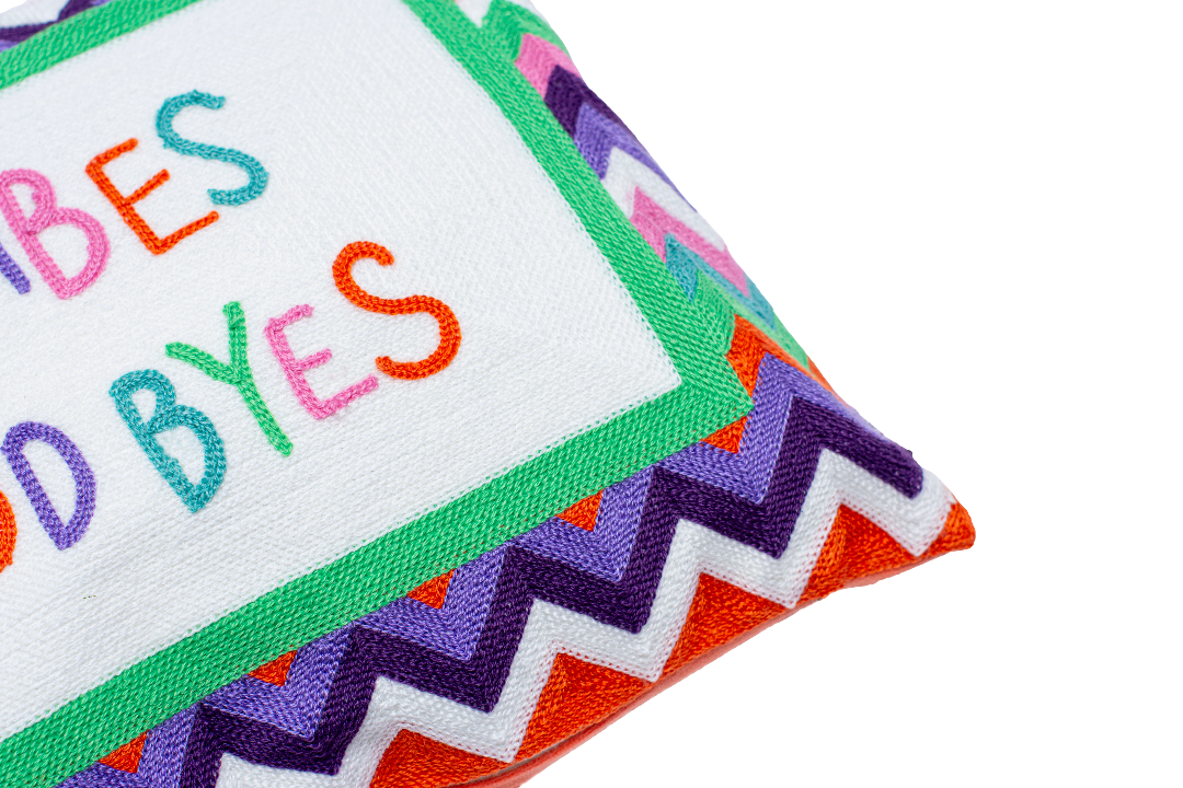 Funny Needlepoint Pillow – Good Vibes or Good Byes