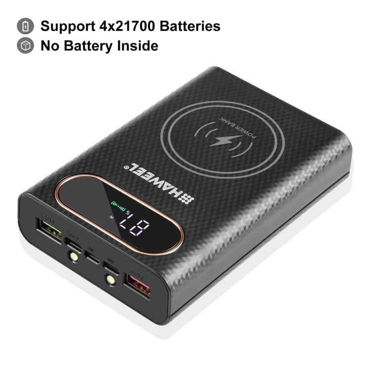 HAWEEL DIY 4 x 21700 Battery 22.5W Fast Charge 15W Wireless Charging Power Bank Box Case with Display, Not Include Battery (Black)
