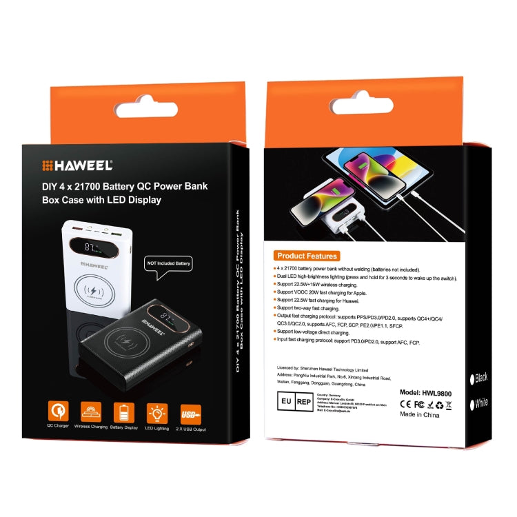 HAWEEL DIY 4 x 21700 Battery 22.5W Fast Charge 15W Wireless Charging Power Bank Box Case with Display, Not Include Battery (Black)