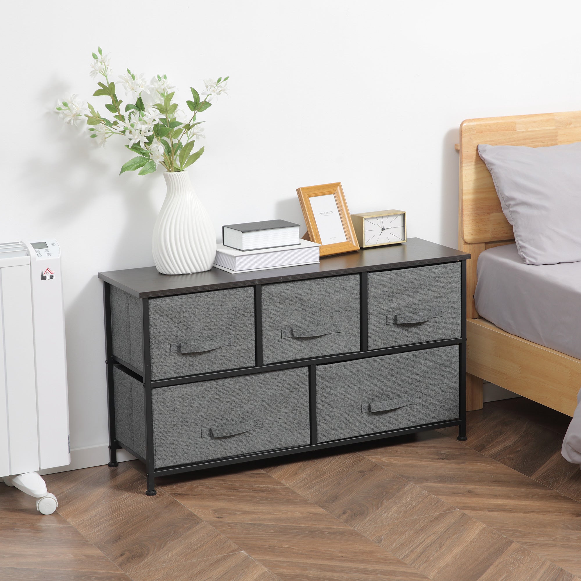 HOMCOM Chest of Drawers, 5 Drawer Fabric Dresser for Bedroom, Dark Grey