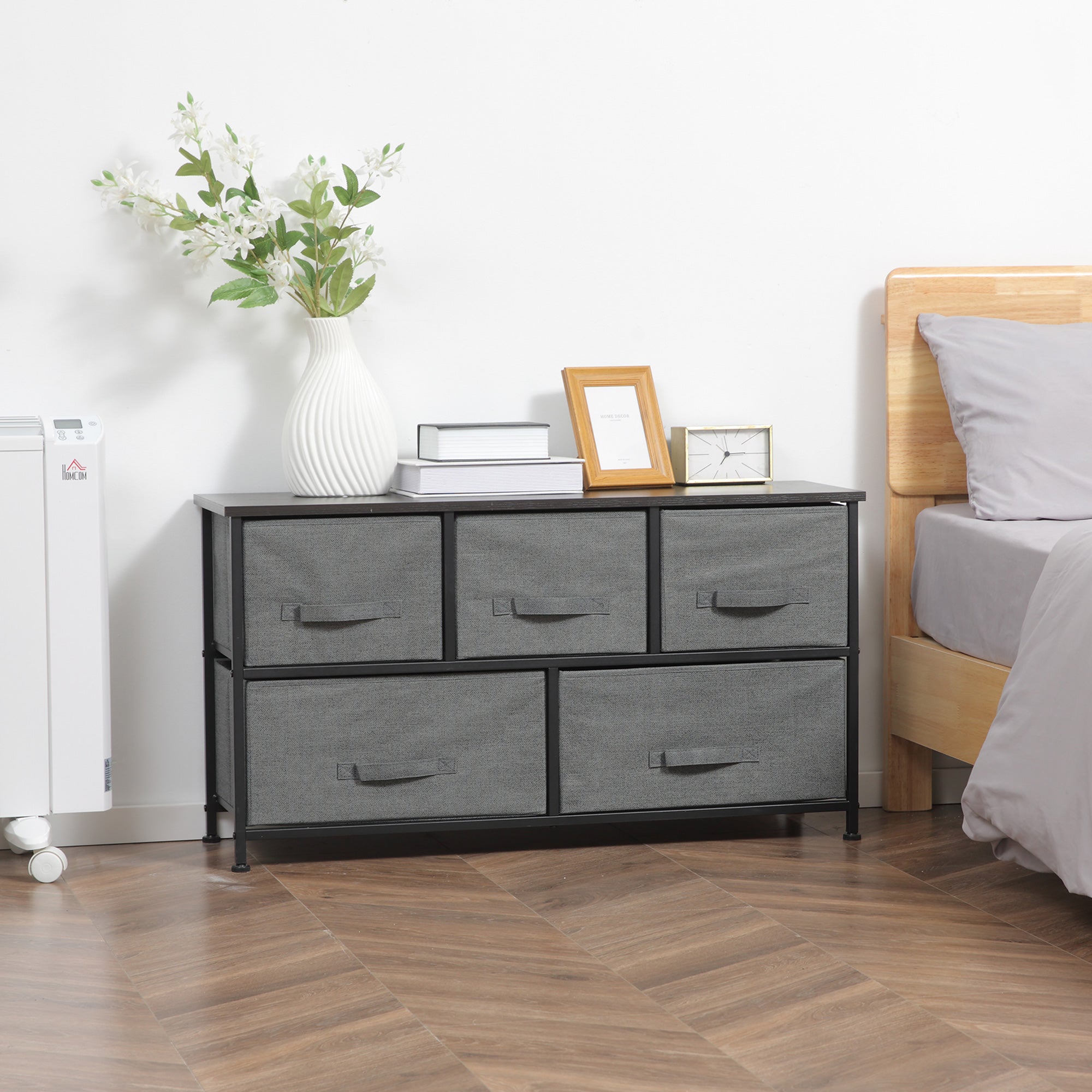 HOMCOM Chest of Drawers, 5 Drawer Fabric Dresser for Bedroom, Dark Grey
