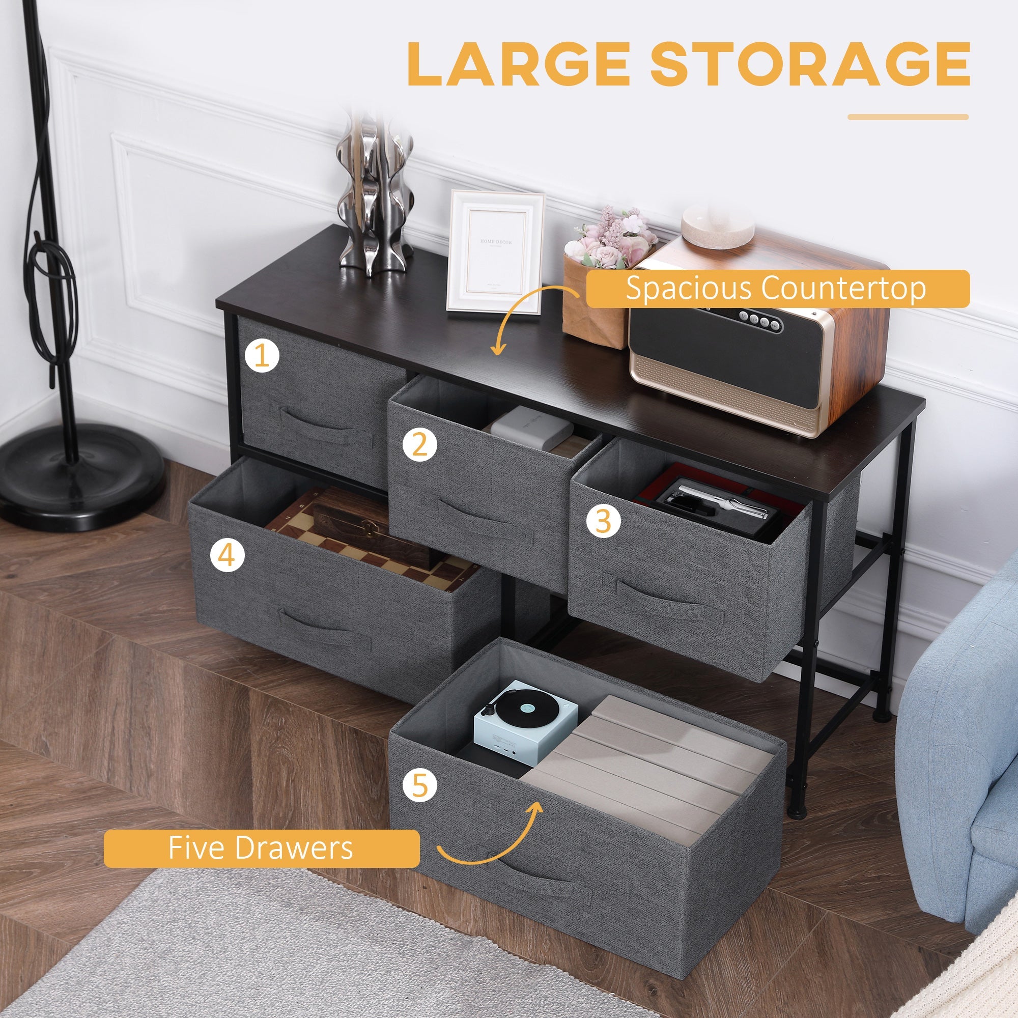 HOMCOM Chest of Drawers, 5 Drawer Fabric Dresser for Bedroom, Dark Grey