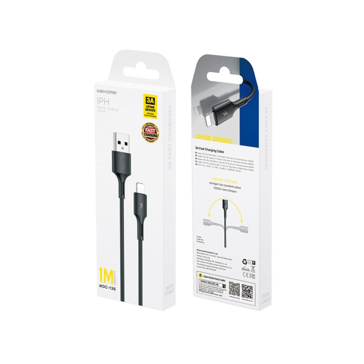 WK WDC-136 USB to 8 Pin 3A Fast Charing Data Cable, USB to 8 Pin(Black)