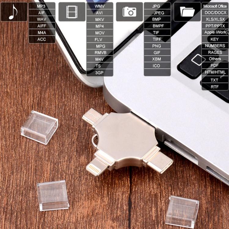 Cross 4 in 1 128GB 8 Pin + Micro USB + USB-C / Type-C + USB 3.0 Metal Flash Disk, 128GB