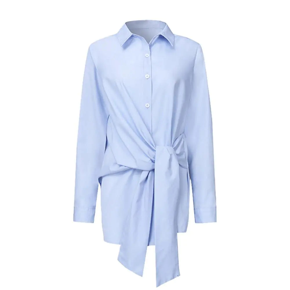 Chic Long Sleeve Ruched Tie Front Blouse for Women - Elegant Office Attire in Black, White, Blue