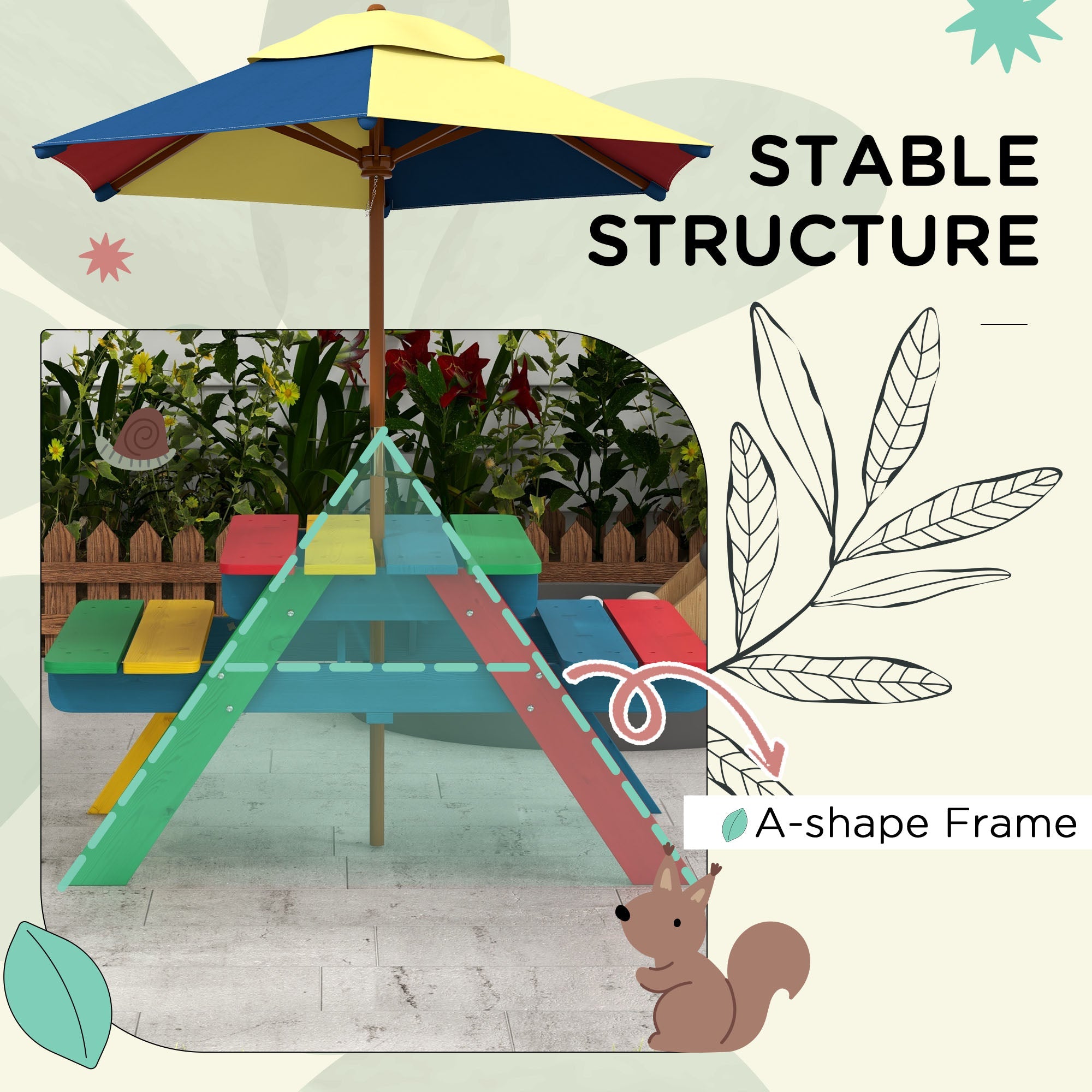 Outsunny Kids Table and Chair Set w/ Removable Parasol, for Ages 3-6 Years
