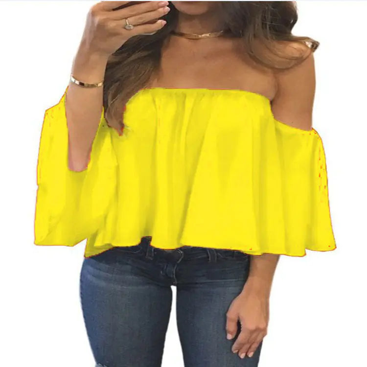 Elegant Off-Shoulder Chiffon Blouse with Wrap Design and 5/4 Sleeve in White & Blue