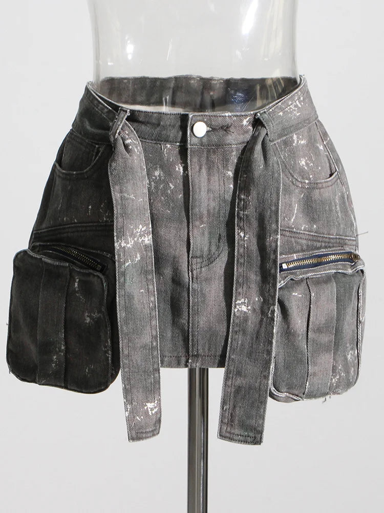 DEAT Women's Distressed Denim Skirt with Lace-Up Belt and Camouflage Design for Spring 2024