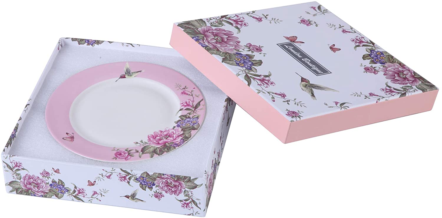 Porcelain Side Dessert Plates 7 Inches Wide Rimmed Shabby Chic Vintage Bird Butterly Floral Set 4 in Gift Box (3 Sets)