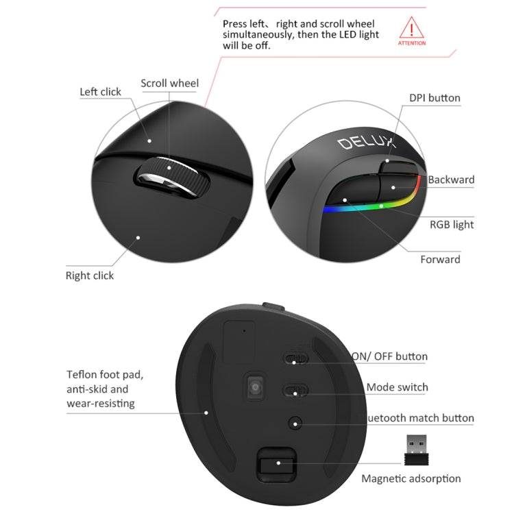 DELUX M618 Mini 2.4G Wireless 2400DPI USB Rechargeable Ergonomic Vertical Mouse, M618 Grey