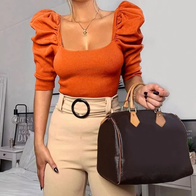 Elegant Puff Sleeves Blouse with Square Neckline - Chic Spring Essential for Effortless Style
