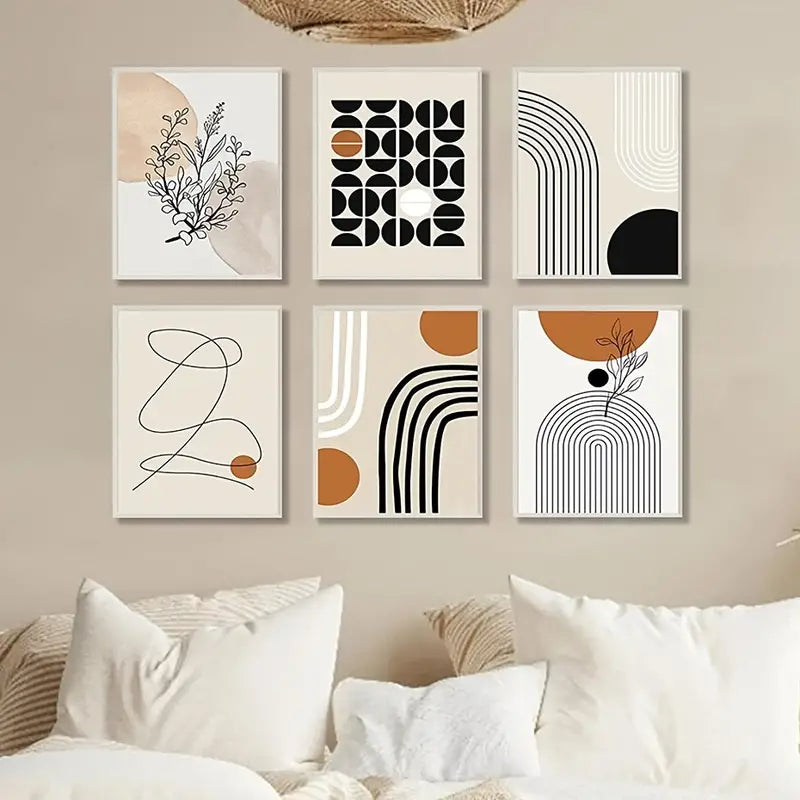 6pcs Boho Abstract Wall Art Prints – Modern Geometric Set for Living Room & Bedroom