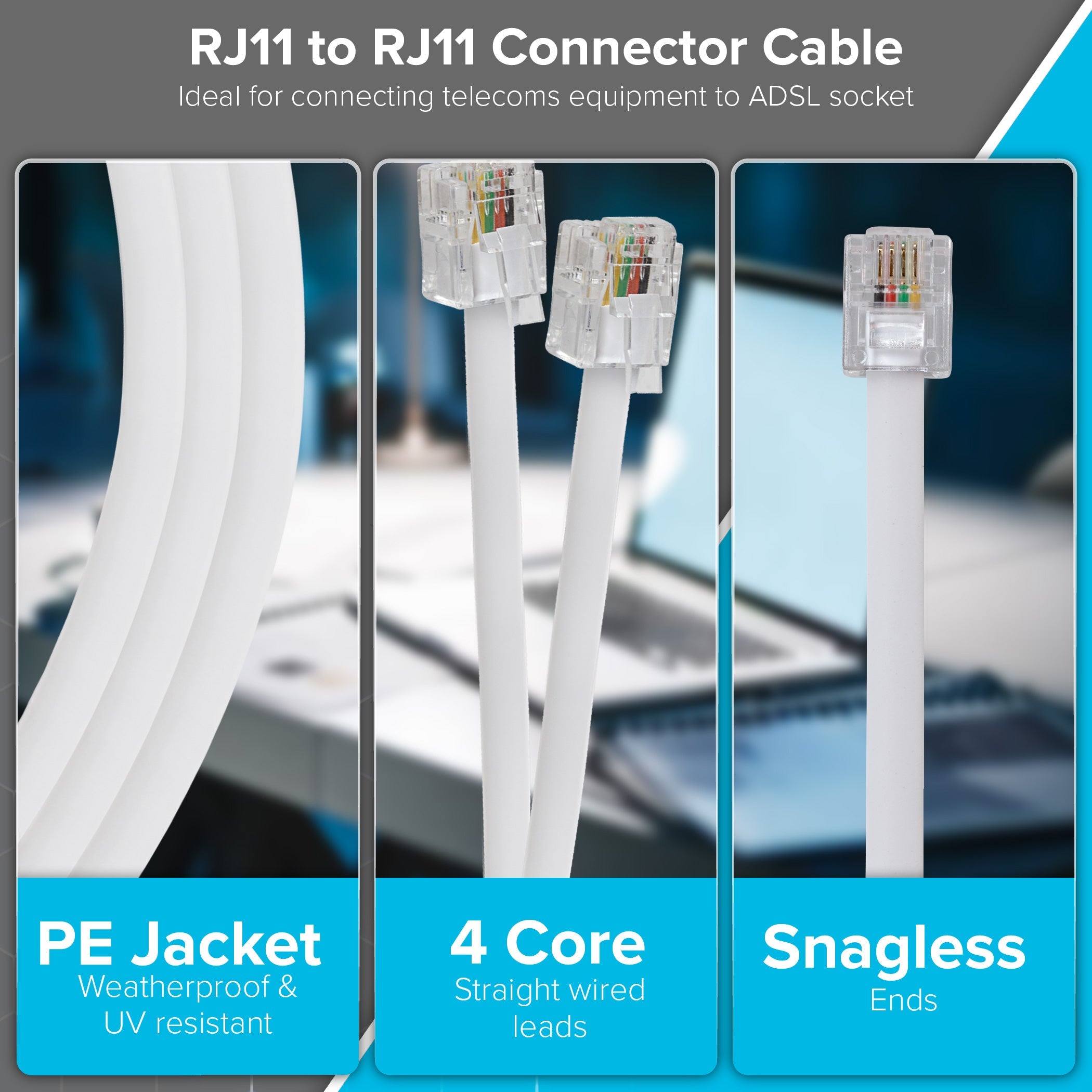 Maplin RJ11 to RJ11 6P4C Telephone Modem Lead - White, 5m