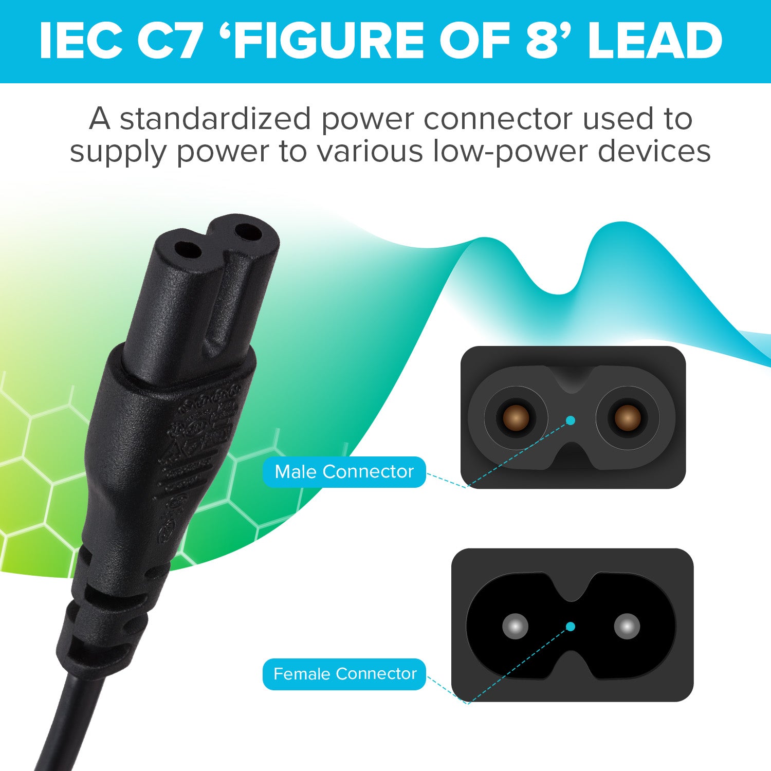 Maplin Power Lead IEC C7 Fig 8 2 Pin Plug to UK 3 Pin Plug - 0.5m, 3 Amp Fuse