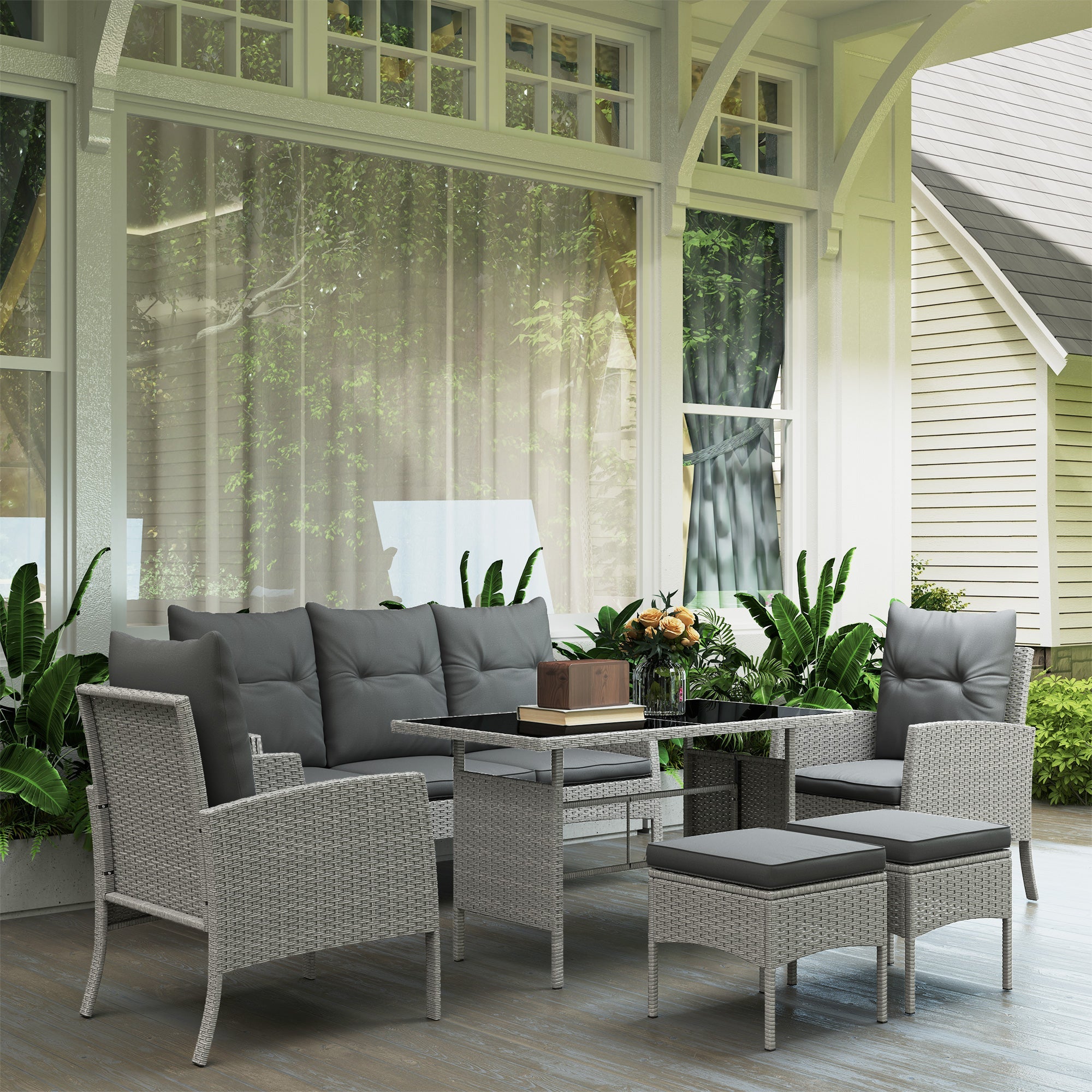 Outsunny 6 Pieces Rattan Garden Furniture Sofa Set, Grey