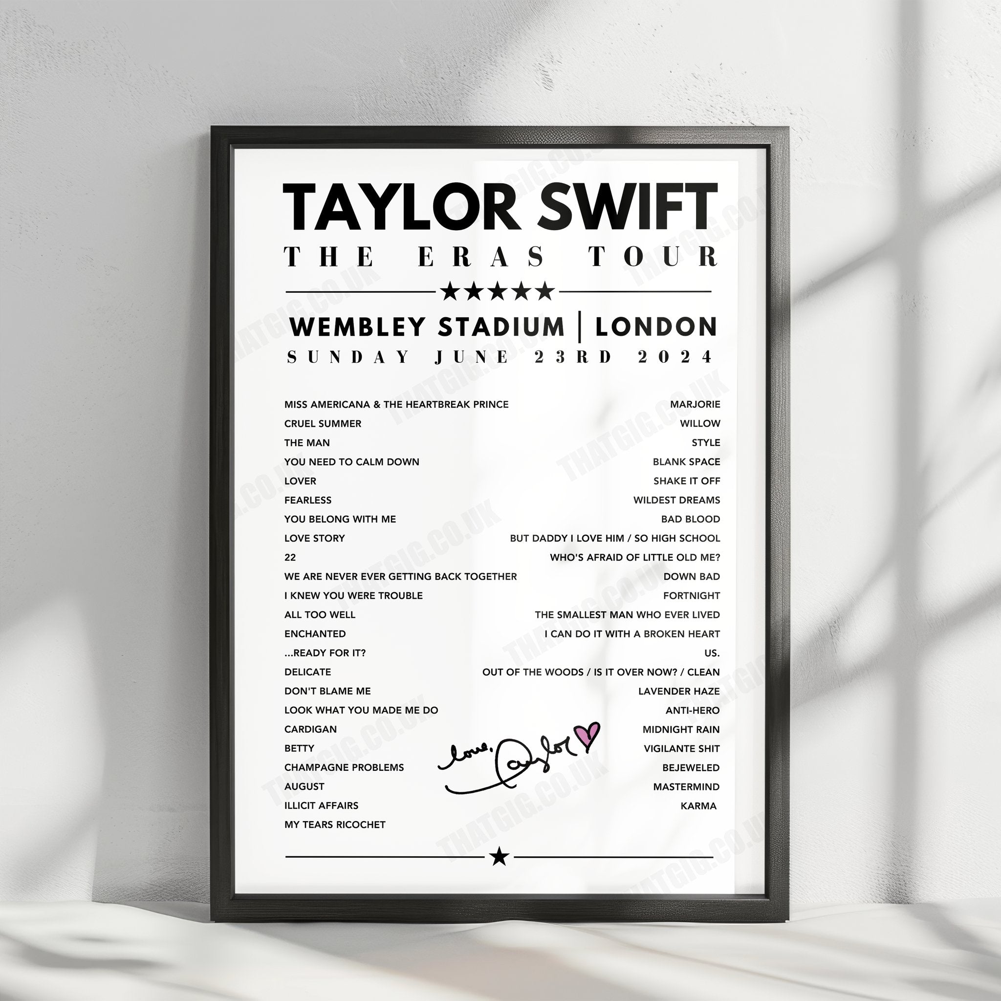 Taylor Swift Setlist Poster - Wembley Stadium, London, June 23rd 2024