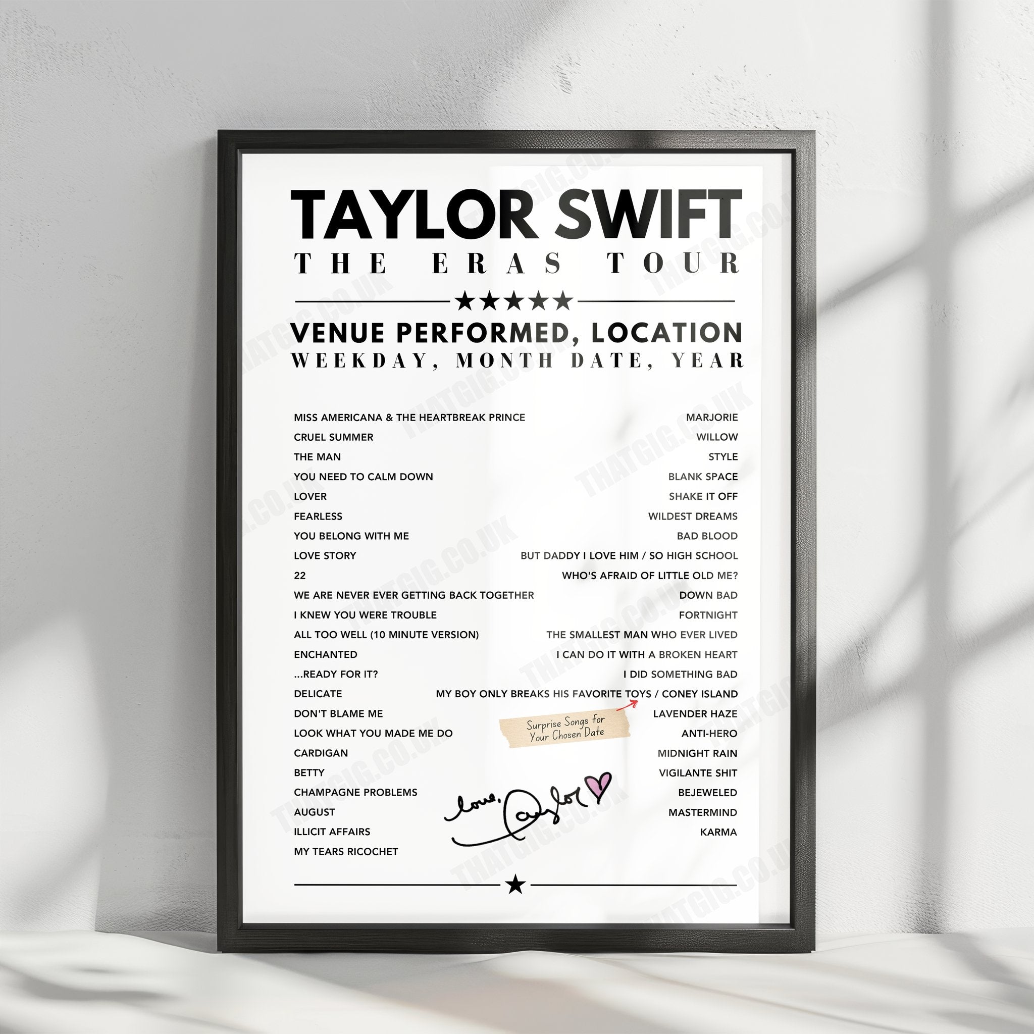 Taylor Swift Setlist Poster - Allegiant Stadium, Las Vegas - March 24th, 2023
