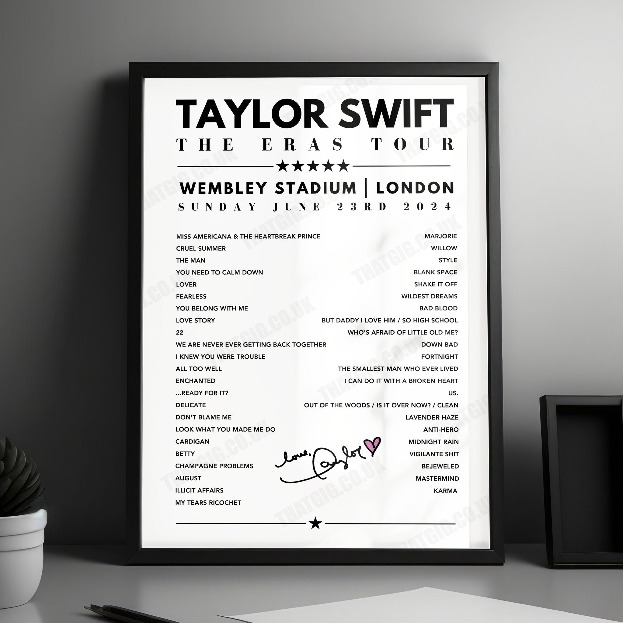 Taylor Swift Setlist Poster - Wembley Stadium, London, June 23rd 2024