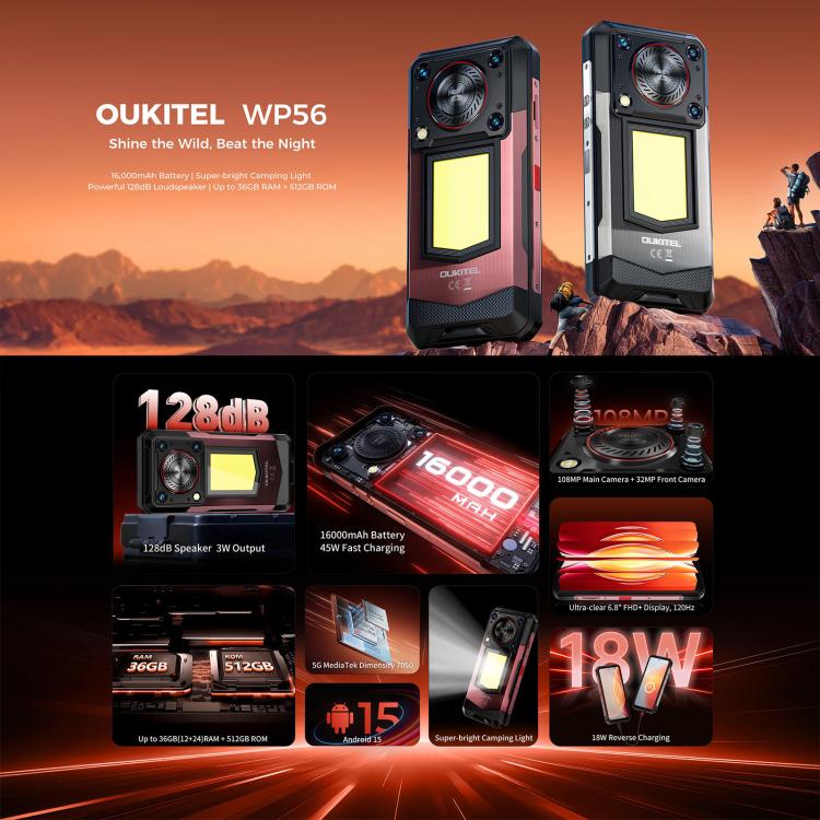 Oukitel WP56 Rugged Phone, 12GB+512GB, 108MP Camera, Fingerprint Identification, 6.8 inch Android 15 MTK Dimensity 7050 Octa Core, NFC, OTG, Network: 5G